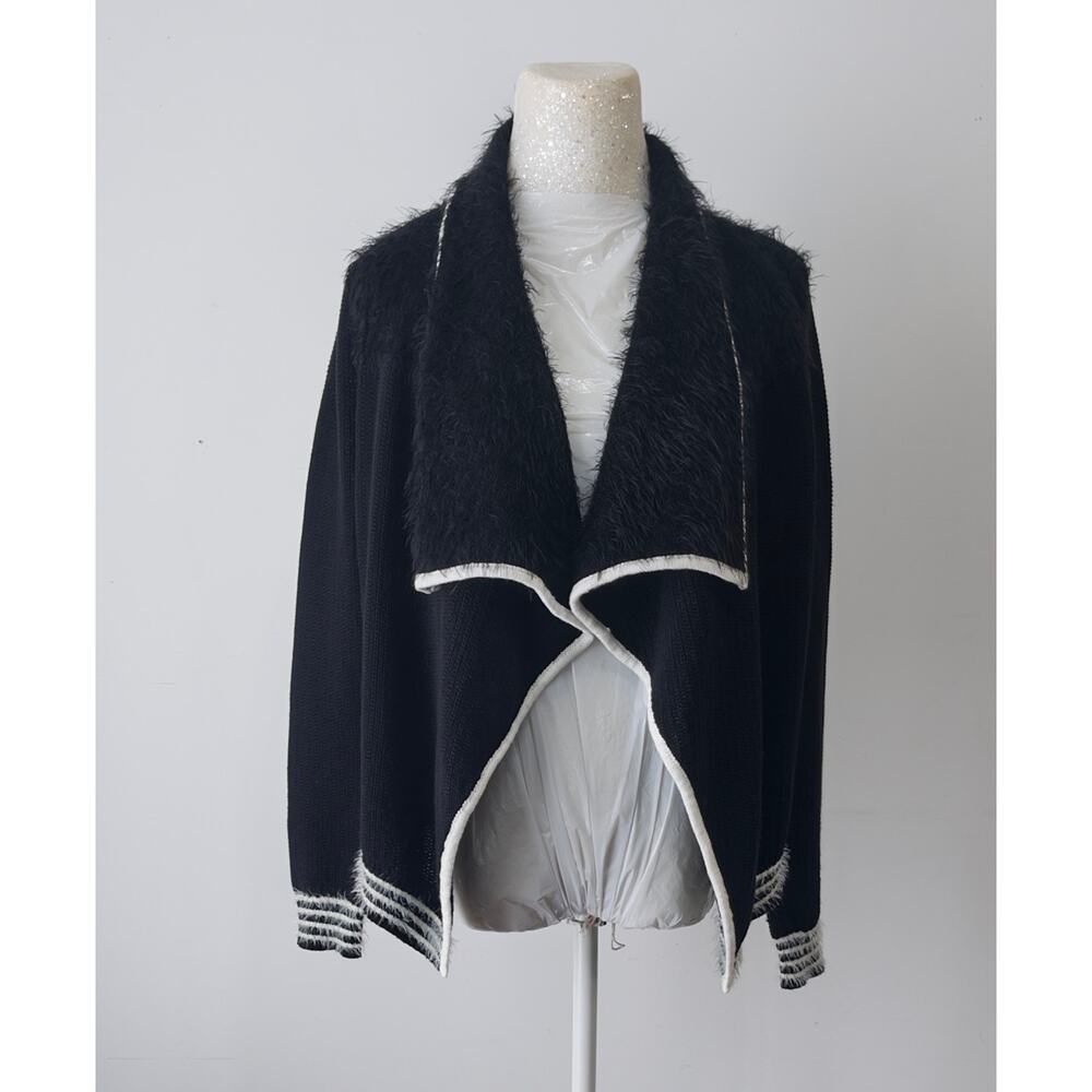 Candies Black Faux Fur Trim Cardigan Women’s sz M Open Front Waterfall Sweater